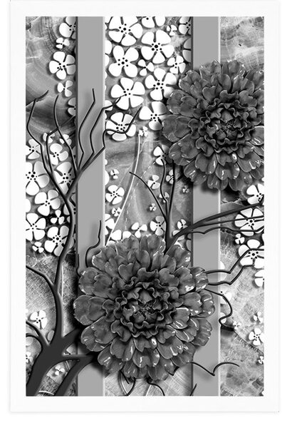 Poster flori abstracte pe fundal de marmură în design alb-negru