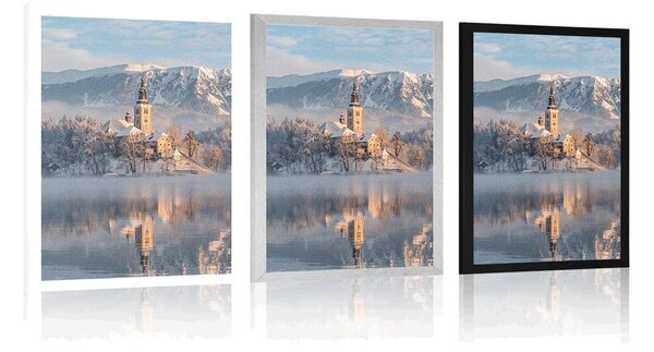 Poster biserică lângă lacul Bled în Slovenia
