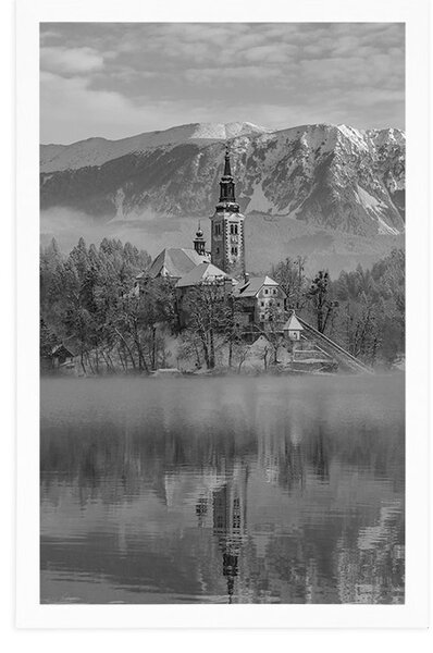 Poster biserică lângă lacul Bled în Slovenia în design alb-negru
