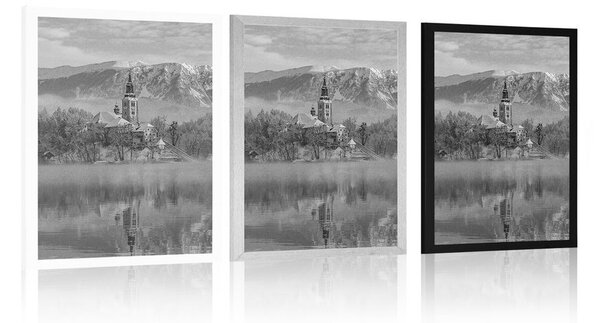 Poster biserică lângă lacul Bled în Slovenia în design alb-negru