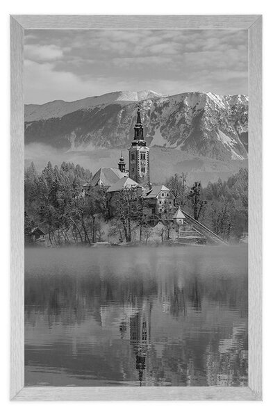 Poster biserică lângă lacul Bled în Slovenia în design alb-negru
