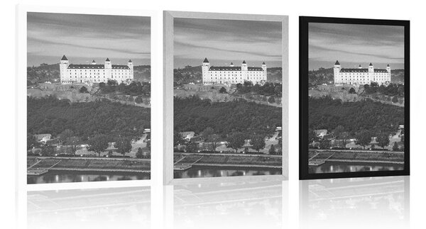 Poster vedere a castelului Bratislava în design alb-negru
