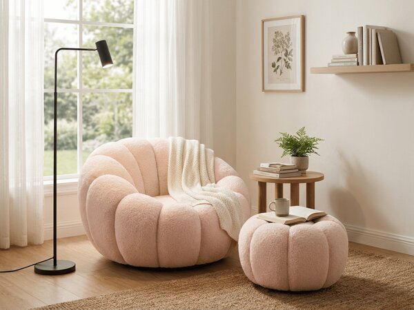 Fotoliu design BLOOM cu taburet, roz deschis