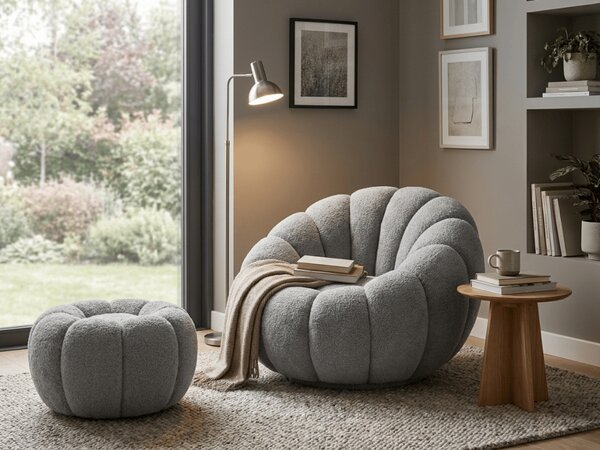 Fotoliu design BLOOM cu taburet, gri