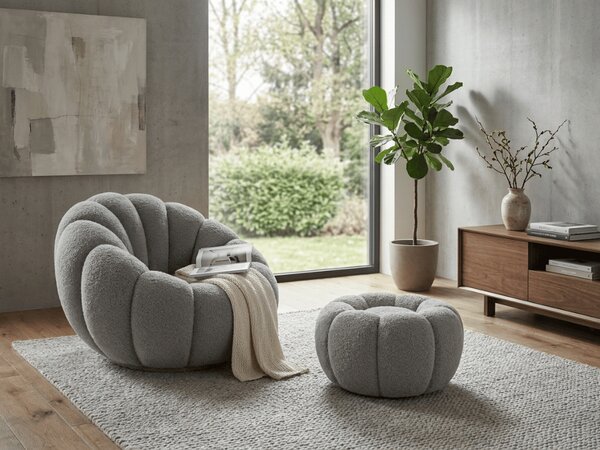 Fotoliu design BLOOM cu taburet, gri