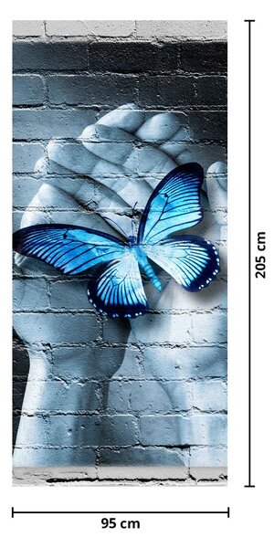 Fototapet pentru ușă - Fluture albastru pe perete (95x205cm)