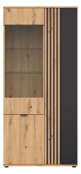 Vitrina VABRES, stejar artisan/negru mat, PAL laminat/sticla, 91x40x19