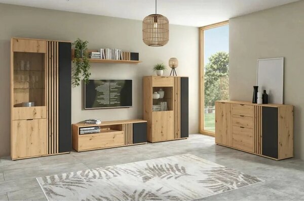 Vitrina VABRES, stejar artisan/negru mat, PAL laminat/sticla, 91x40x19
