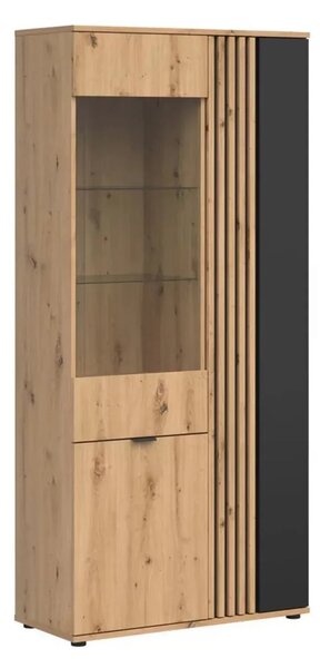 Vitrina VABRES, stejar artisan/negru mat, PAL laminat/sticla, 91x40x19