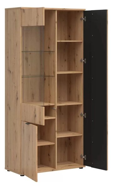 Vitrina VABRES, stejar artisan/negru mat, PAL laminat/sticla, 91x40x19