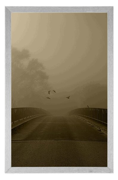 Poster zborul păsărilor deasupra podului în design sepia