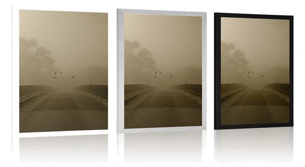 Poster zborul păsărilor deasupra podului în design sepia