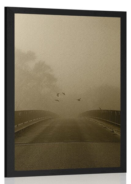 Poster zborul păsărilor deasupra podului în design sepia