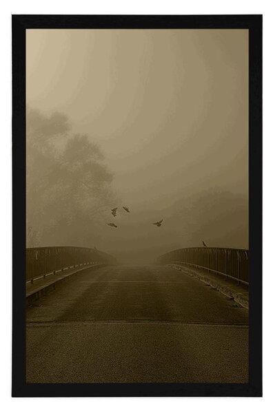 Poster zborul păsărilor deasupra podului în design sepia