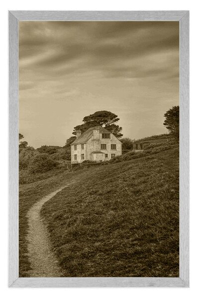 Poster casă pe stâncă în design sepia