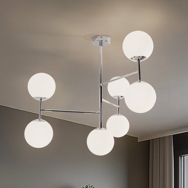 Domiluce Plafonieră Korek, crom/alb, sticlă, 75 cm, 7 becuri, E14, reglabil, Alb, Camera de zi / sufragerie, Sticlă, Modern