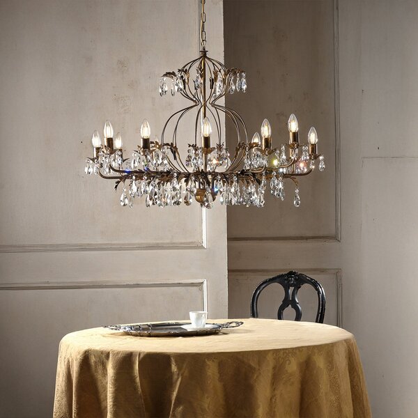 ONLI Candelabru Teresa, 12 becuri, culoare bronz, cristal, reglabil, Bronz / Alamă Veche, Camera de zi / sufragerie, Metal, Antichitate