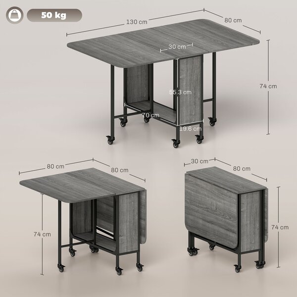 HOMCOM Masă Pliabilă, Rabatabilă pentru 4-6 Persoane cu Raft și 6 Roți, din Lemn și Metal, 130x80x74 cm, Gri | Aosom Romania