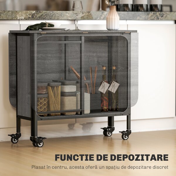 HOMCOM Masă Pliabilă, Rabatabilă pentru 4-6 Persoane cu Raft și 6 Roți, din Lemn și Metal, 130x80x74 cm, Gri | Aosom Romania