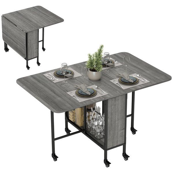 HOMCOM Masă Pliabilă, Rabatabilă pentru 4-6 Persoane cu Raft și 6 Roți, din Lemn și Metal, 130x80x74 cm, Gri | Aosom Romania