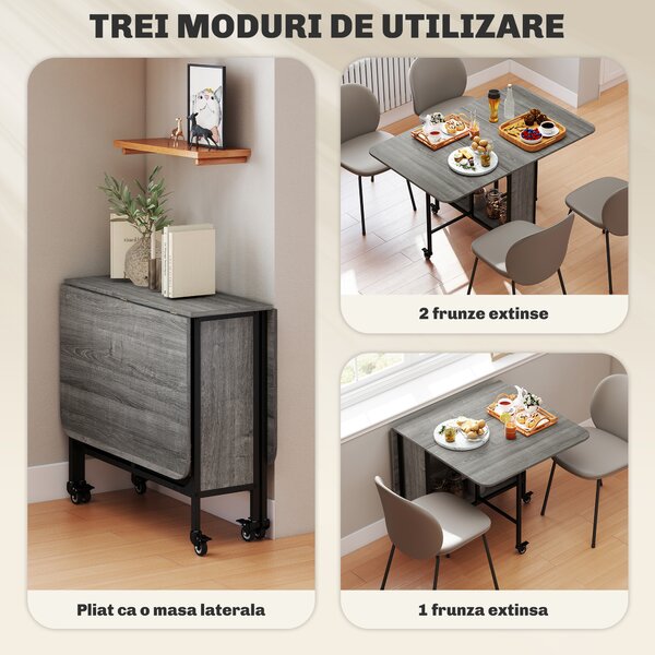 HOMCOM Masă Pliabilă, Rabatabilă pentru 4-6 Persoane cu Raft și 6 Roți, din Lemn și Metal, 130x80x74 cm, Gri | Aosom Romania