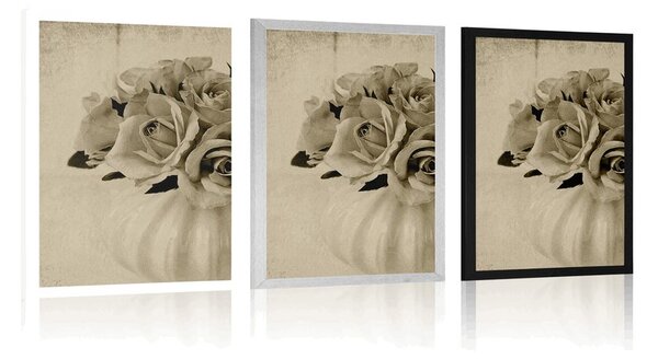 Poster trandafiri într-o vază în design sepia