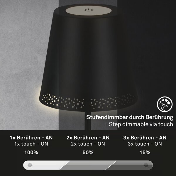 Briloner 1438015 - Lampă de podea LED dimabilă KIKI, 4,3 W/5 V, IP44, 2600 mAh, negru