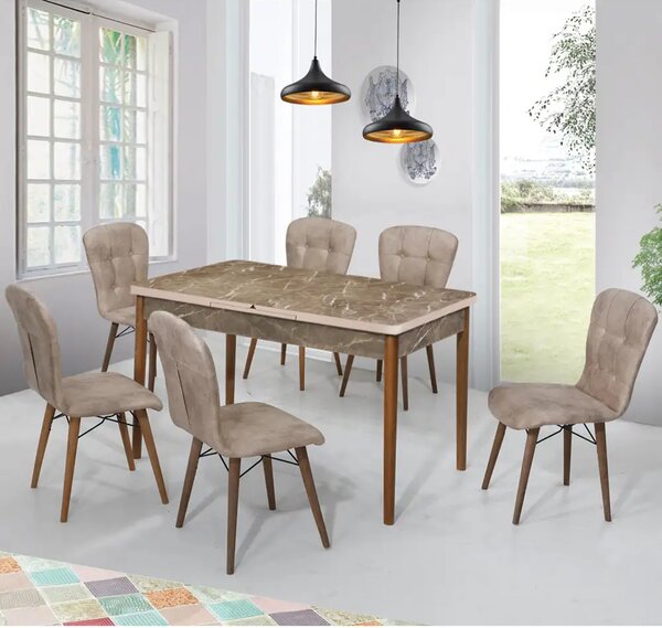 Set masa extensibila cu 6 scaune tapitate Homs marmura/bej 170 x 80 cm picioare lemn  