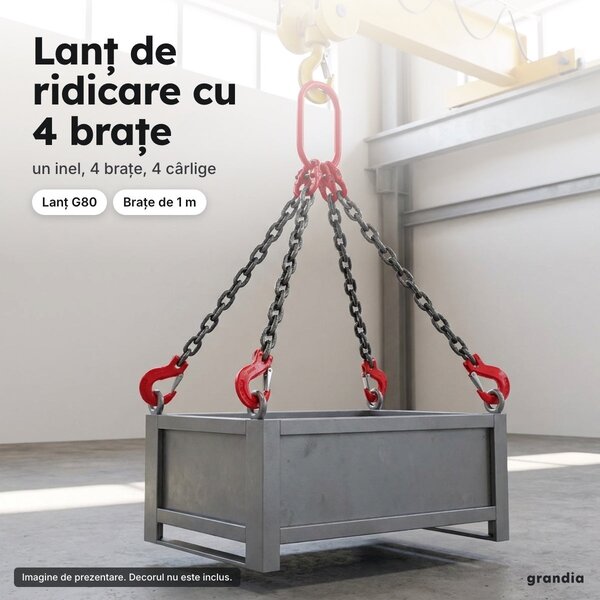 Lanț de ridicare cu 4 brațe G80, za 8 mm, brațe de 1 m, cârlige cu zăvor