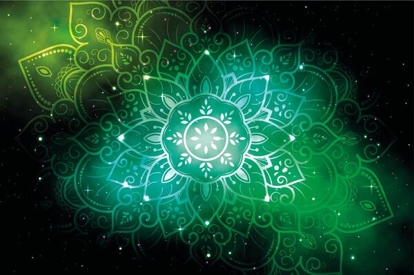 Tapet Mandala verde cu fundal galactic