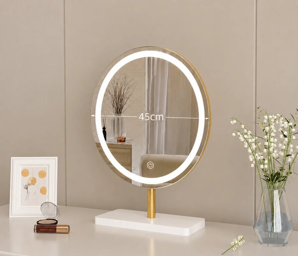 Set ROYAL GREY – Masă de Toaletă pentru Machiaj, Oglindă iluminată LED, Control touch, Trei tipuri culoare, Taburet, 100 cm, Gri