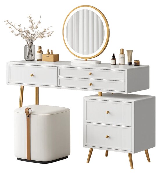 Set ROYAL WHITE – Masă de Toaletă pentru Machiaj, Oglindă iluminată LED, Control touch, Trei tipuri culoare, Taburet, 100 cm, Alb