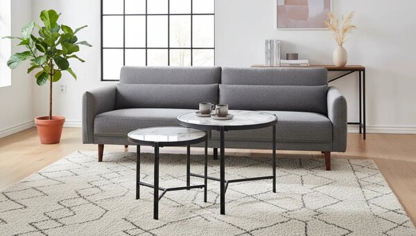 Set 2 masute cafea FATIMA, alb cu efect de marmura/negru, ceramica/met
