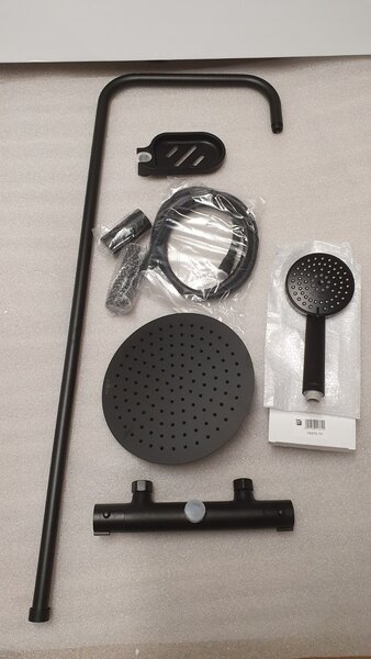 Mexen Set de dus termostatic Mexen, baterie de dus KAI cu accesoriu de dus superior + set de dus cu cap superior oval ?25cm X, 3/4", negru, 77150-70 …