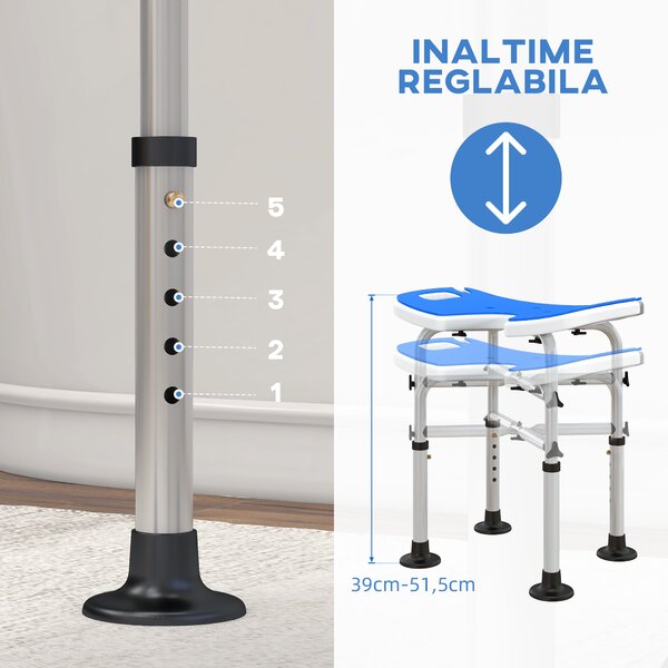 HOMCOM Taburet de Duș Reglabil pe Înălțime cu Mâner cu Ventuză și Picioare Antiderapante, 48,5x33x39-51,5 cm, Albastru | Aosom Romania