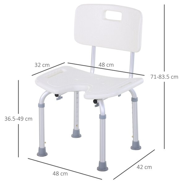 HOMCOM Scaun de Duș Reglabil pe 8 Nivele cu Orificii de Drenaj și Șezut în Formă de U, 48x42x71-83,5 cm, Alb | Aosom Romania