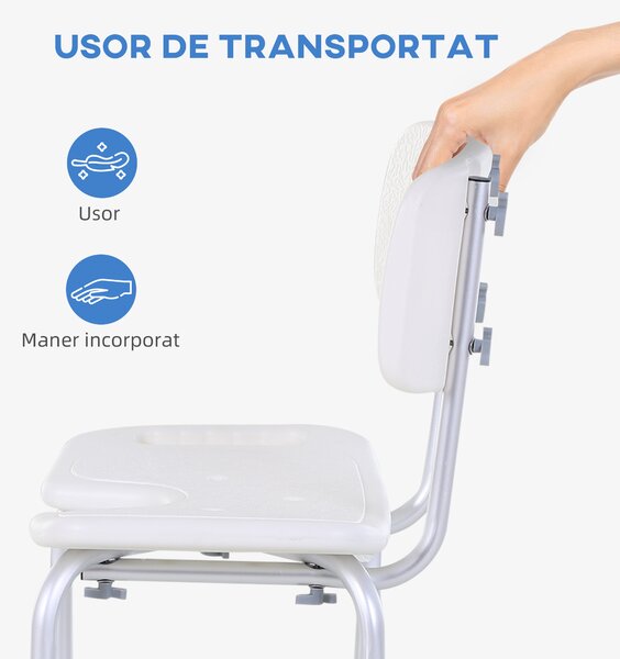 HOMCOM Scaun de Duș Reglabil pe 8 Nivele cu Orificii de Drenaj și Șezut în Formă de U, 48x42x71-83,5 cm, Alb | Aosom Romania