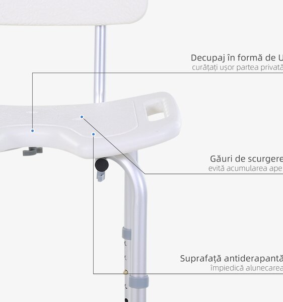 HOMCOM Scaun de Duș Reglabil pe 8 Nivele cu Orificii de Drenaj și Șezut în Formă de U, 48x42x71-83,5 cm, Alb | Aosom Romania