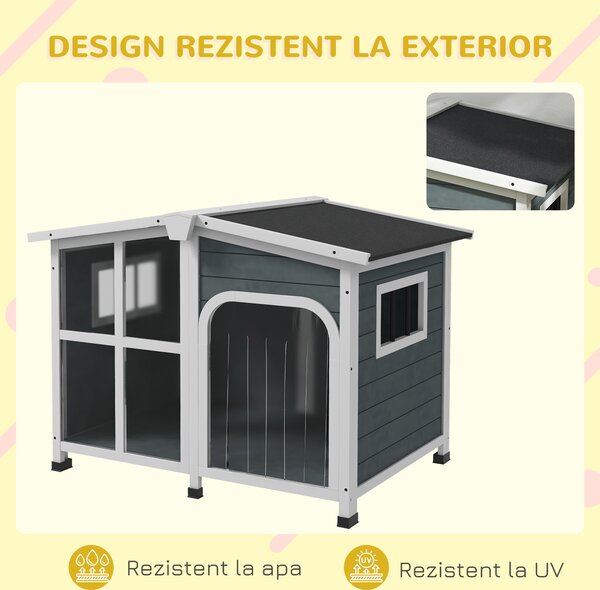 PawHut Căsuță pentru Câini din Lemn, cu Tendă de Protecție, Fereastră și Acoperiș Rabatabil, 101x66,5x70,5cm, Gri Închis | Aosom Romania
