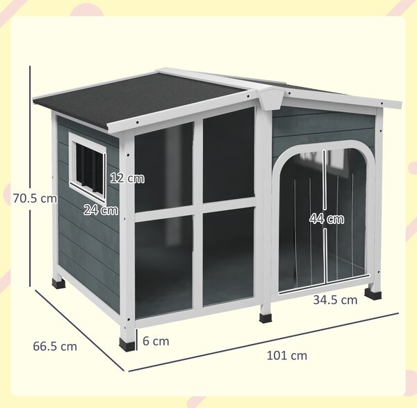PawHut Căsuță pentru Câini din Lemn, cu Tendă de Protecție, Fereastră și Acoperiș Rabatabil, 101x66,5x70,5cm, Gri Închis | Aosom Romania