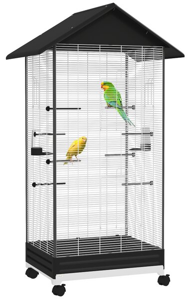 PawHut Colivie pentru Păsări, Volieră cu Tavă Detașabilă, Roți Pivotante și Hrănitoare, 79x65x155 cm, Negru | Aosom Romania