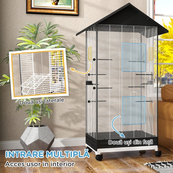 PawHut Colivie pentru Păsări, Volieră cu Tavă Detașabilă, Roți Pivotante și Hrănitoare, 79x65x155 cm, Negru | Aosom Romania