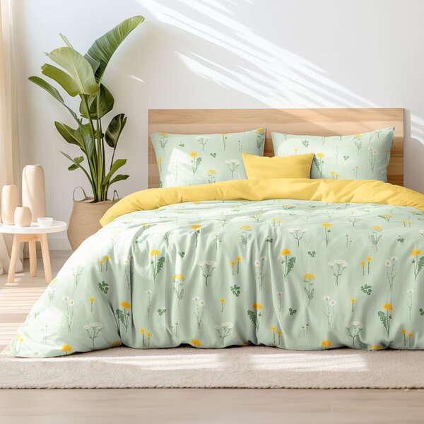 Goldea lenjerie de pat din 100% bumbac duo - pajiște pe verde mélange cu galben 160 x 200 și 2buc 50 x 70 cm