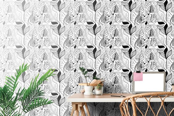 Tapet frunze magice în design alb-negru