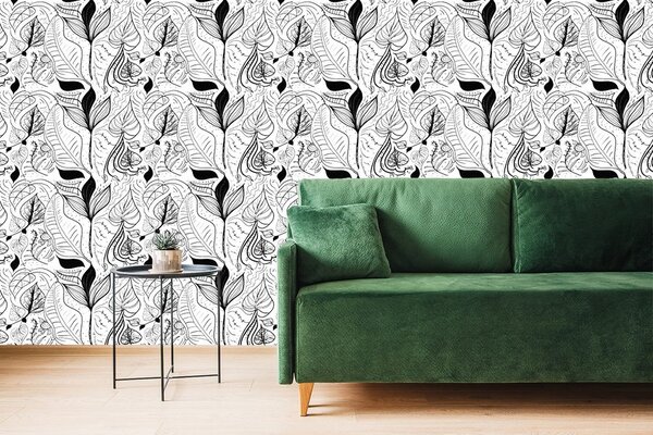 Tapet frunze magice în design alb-negru