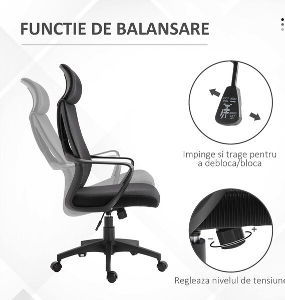 Vinsetto Scaun de Birou Ergonomic cu Brațe și Tetieră Reglabilă, Scaun Pivotant cu Suport Lombar, 64x55x116-126 cm, Negru | Aosom Romania
