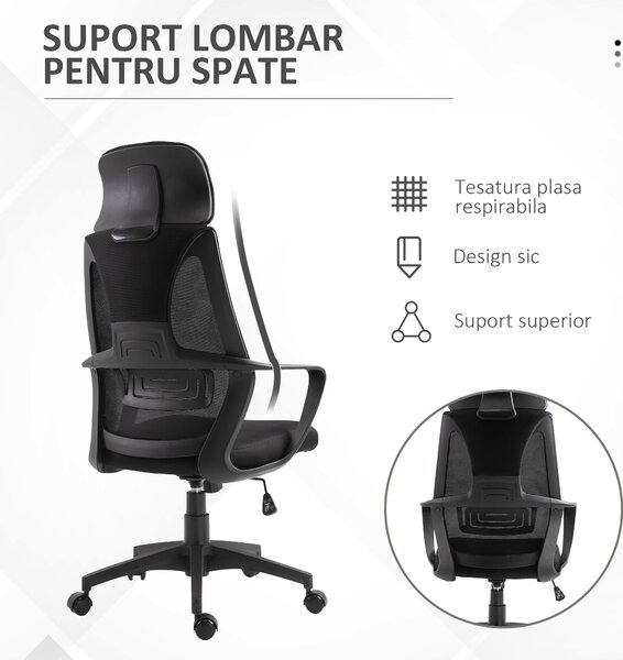 Vinsetto Scaun de Birou Ergonomic cu Brațe și Tetieră Reglabilă, Scaun Pivotant cu Suport Lombar, 64x55x116-126 cm, Negru | Aosom Romania