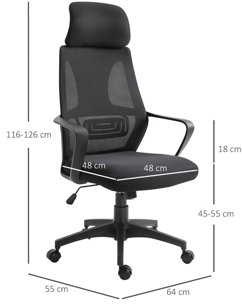 Vinsetto Scaun de Birou Ergonomic cu Brațe și Tetieră Reglabilă, Scaun Pivotant cu Suport Lombar, 64x55x116-126 cm, Negru | Aosom Romania