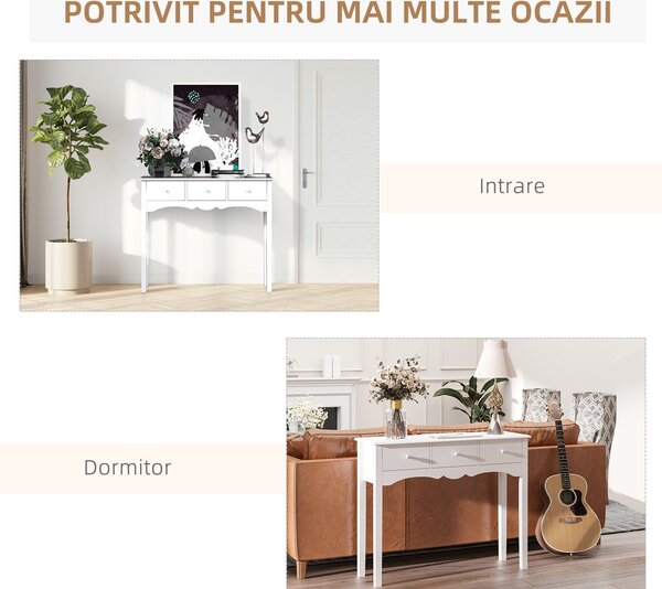 HOMCOM Masă Consolă Modernă cu 3 Sertare, Consolă de Intrare din MDF, pentru Hol, Sufragerie, 100x32x85 cm, Alb | Aosom Romania