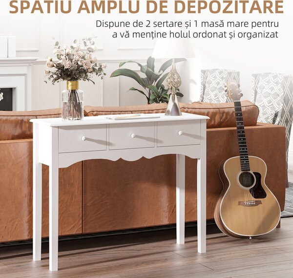 HOMCOM Masă Consolă Modernă cu 3 Sertare, Consolă de Intrare din MDF, pentru Hol, Sufragerie, 100x32x85 cm, Alb | Aosom Romania